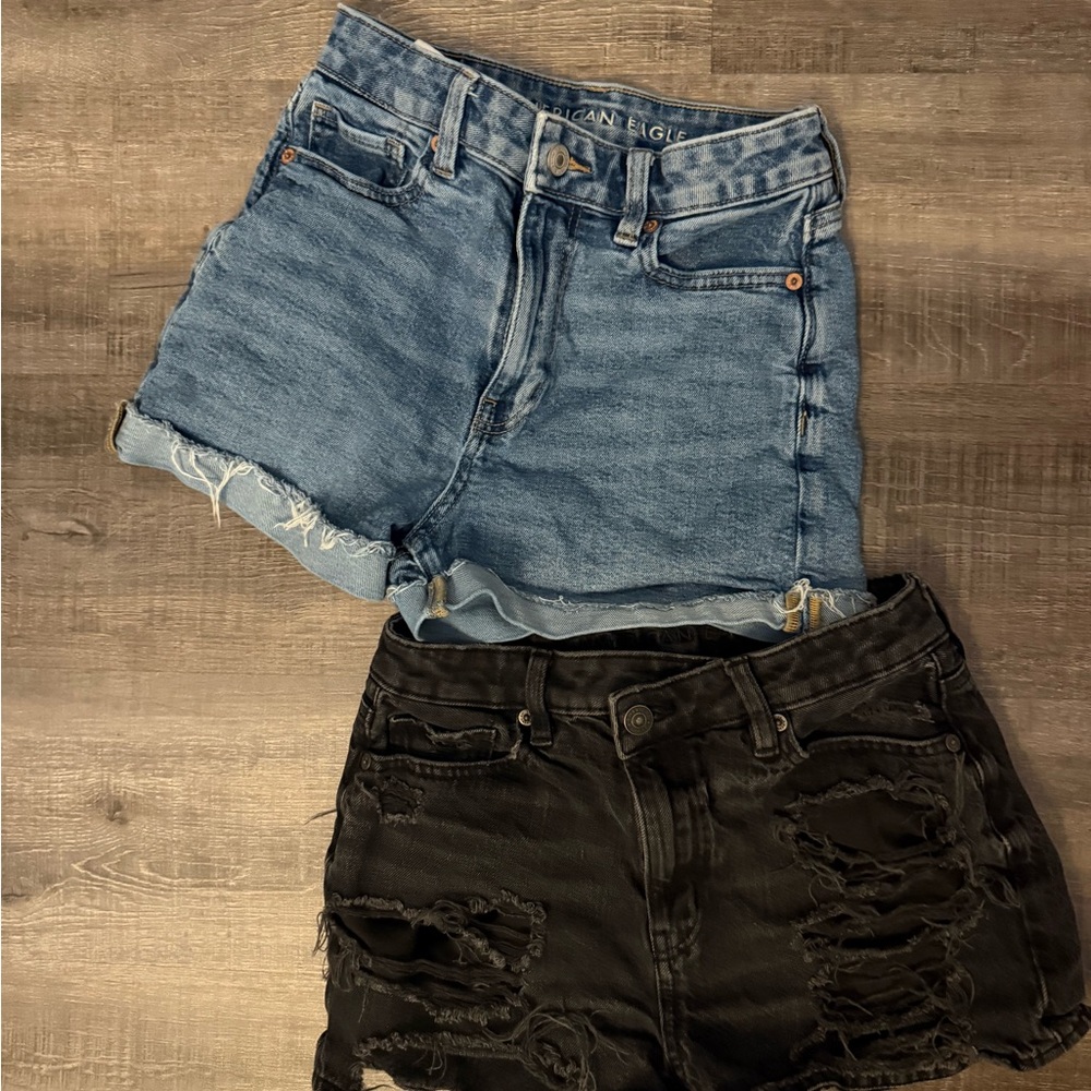 American Eagle Outfitters Women's Distressed Blue and Black Jean Shorts